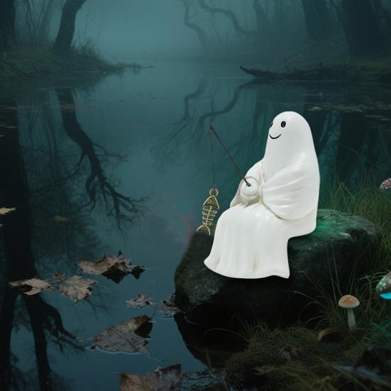 Halloween Sculpture Synthetic Resin Skeleton Fisherman Statue Mini Ghost Fishing Pond Garden Decoration