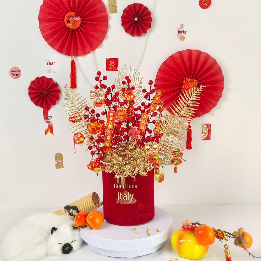 Fortune Bucket New Year Decoration Set - Festive Ornaments for Bedroom and Living Room with Flowers and Fu Character.