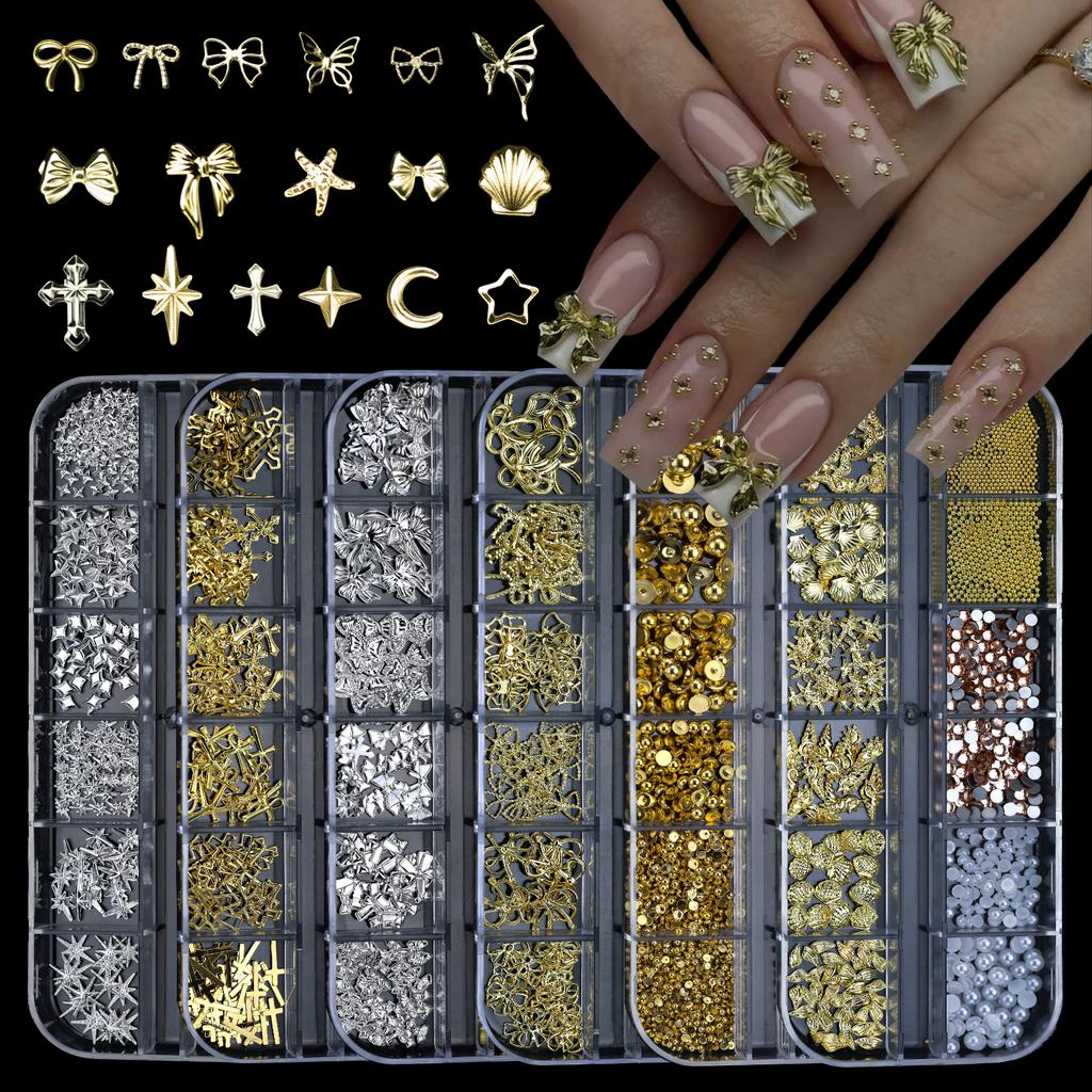 Boxed Half Round Flatback Nail Rhinestones Multi Size Gold Silver Pearls Caviar Nail Art Decorations Gold Beads Ocean Accessorie