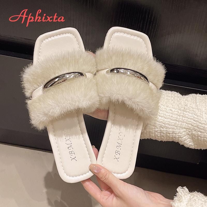 Fashion Aphixta Flat With Furry Women Slippers Outside Modern Slides Shoes Metal Dec Soft White Fur Slippers Fashion Woman Shoes