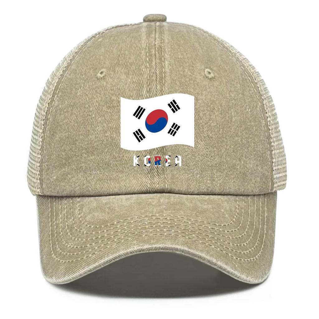 South Korea Flag Waves Print Adjustable Mesh Cap, Patriotic Sports Hat Stylish All-season Raw Brim Trendy Snapback Trucker Hat
