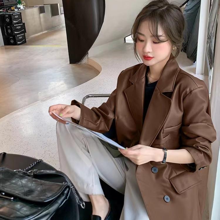 Vintage Texture PU Leather Jacket and Small Suit Top for Women with Retro and High-end Sense In Autumn