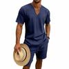 Men's Linen V-Neck Short Sleeve T-Shirt and Shorts Set - Solid Color Beach Casual Wear