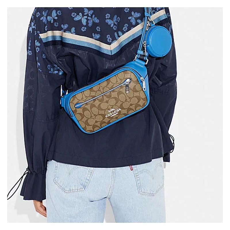 Coach Elias 23 Letter Logo Logo Zipper Closure Classic Presbyopia Cowhide Crossbody Waist Bag Medium Men's Blue and Brown