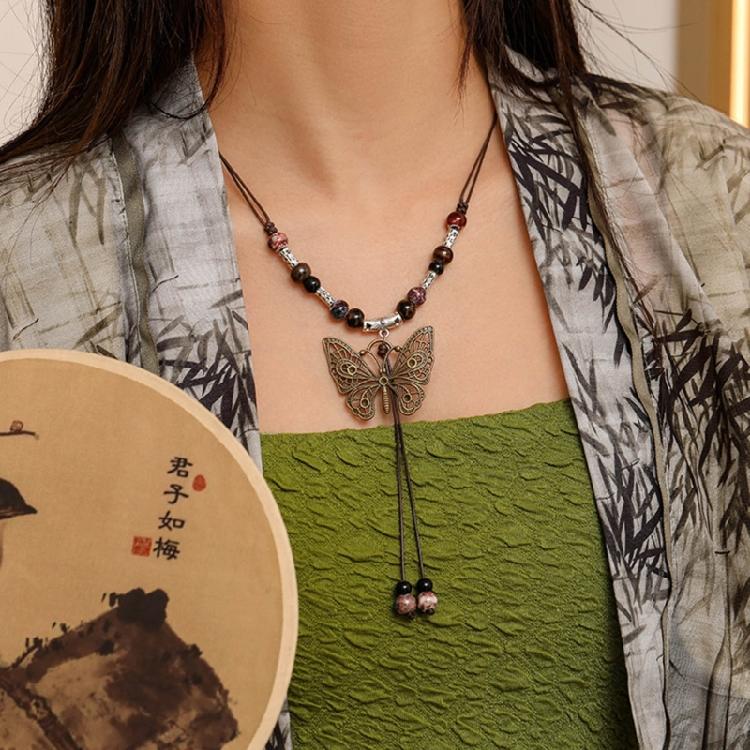 Beaded Butterfly Pendant Necklace Geometric Bead Clavicle Sweater Chain Jewelry