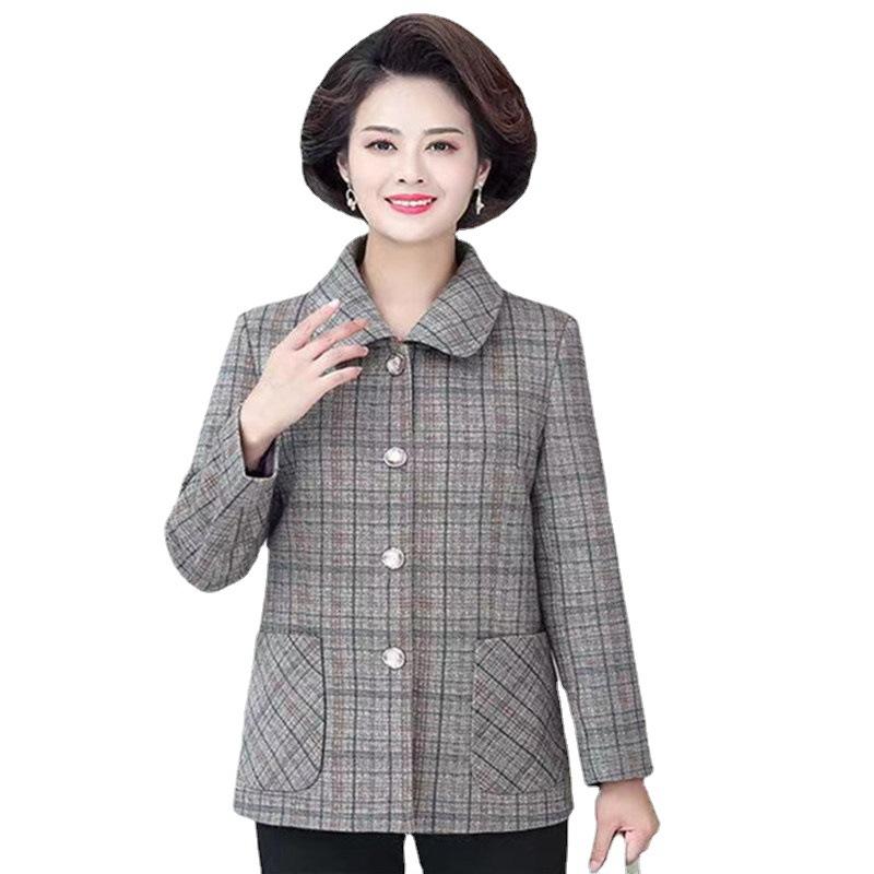 מעיל מזדמן סתיו לאמא בגיל העמידה עם משובץ ז'קט קצר לנשים בגיל העמידה וקשישות