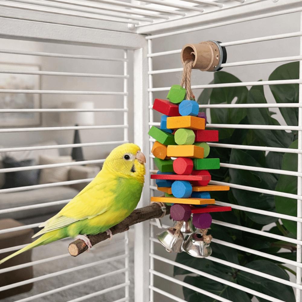 Multi Colored Parrot Chew Hanging Bite Resistant Rainbow Bite String with Bells Blocks Parrot Standing Branches