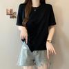 Comfortable, Good-looking and Out! White Simple Foreign Style Short-sleeved T-shirt Women's Waist Pinching and Thin Irregular Hem Top