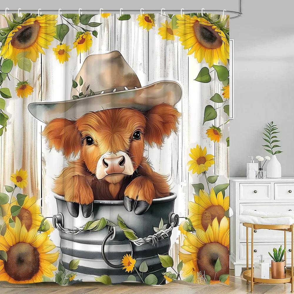 Funny Highland Cow Shower Curtain Farm Cartoon Pig Dog Flower Plant Rustic Farmhouse Kid Polyester Fabric Bathroom Decor Curtain