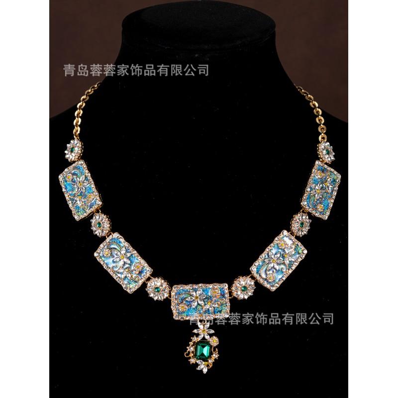 Socialite Temperament Grandmother Green Water Necklace Earring Set Light Luxury Fashion High-end Elegant Accessories Cross-border