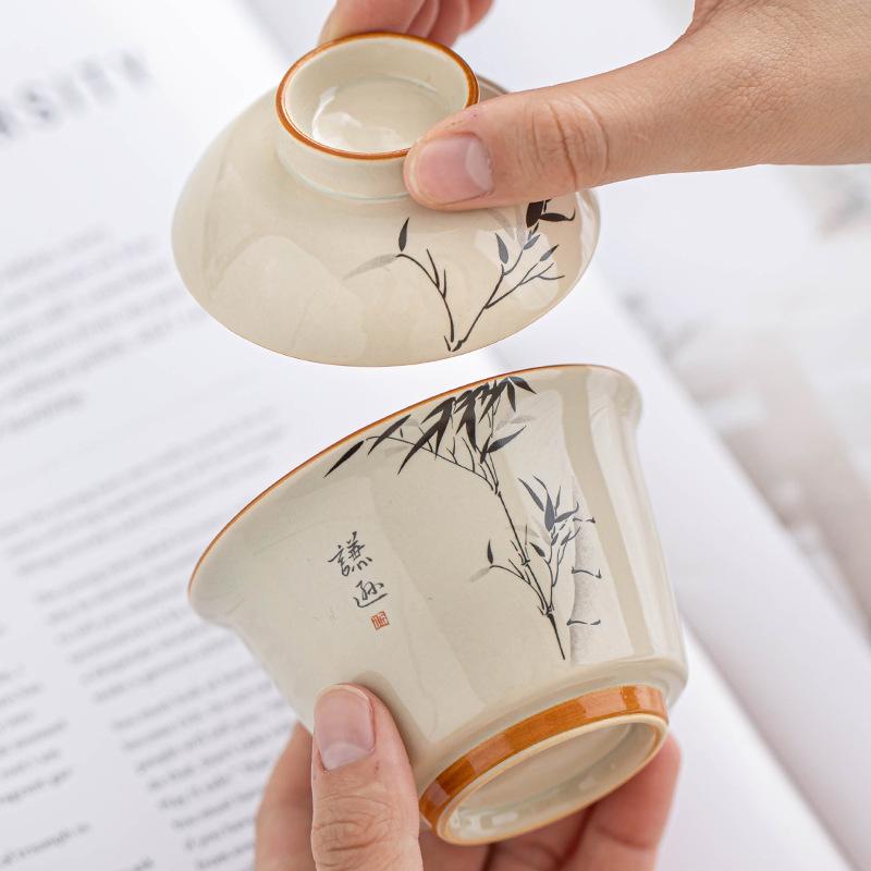Plant and Wood Ash Ercai Cover Bowl, Ink Bamboo Gathering Wealth with Cover, Tea Bowl Ceramic Drinking Cup, Single Tea Set