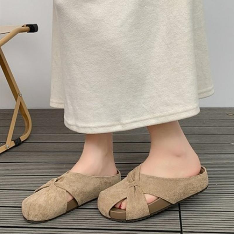 Cover Toe Mid-heel Flat Slippers for Women 2026 New Geometric Shape Solid Color Outdoor Casual Comfortable Stylish Slippers