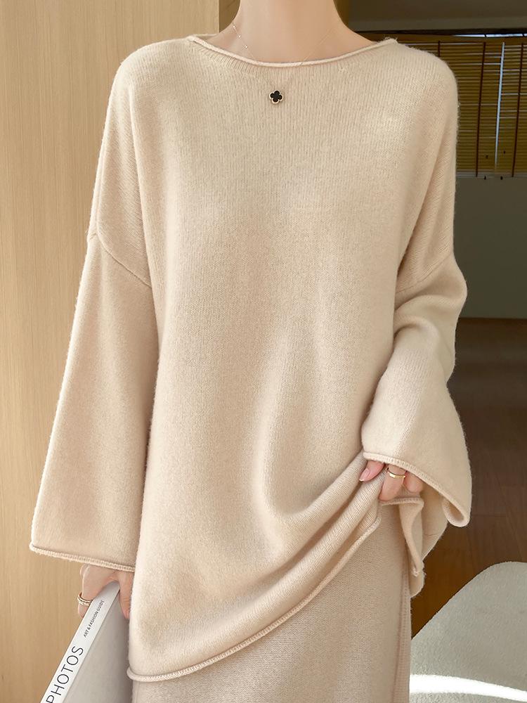 Women's Mid-Length Wool-Cashmere Sweater - 2025 Autumn/Winter Collection, Round Neck, Loose Fit, Knit Outerwear.