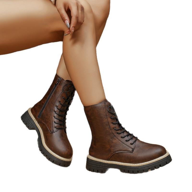 Neue Damenschuhe: Großzügige runde Spitze, dicker Absatz, Fleece-Schnürung vorne