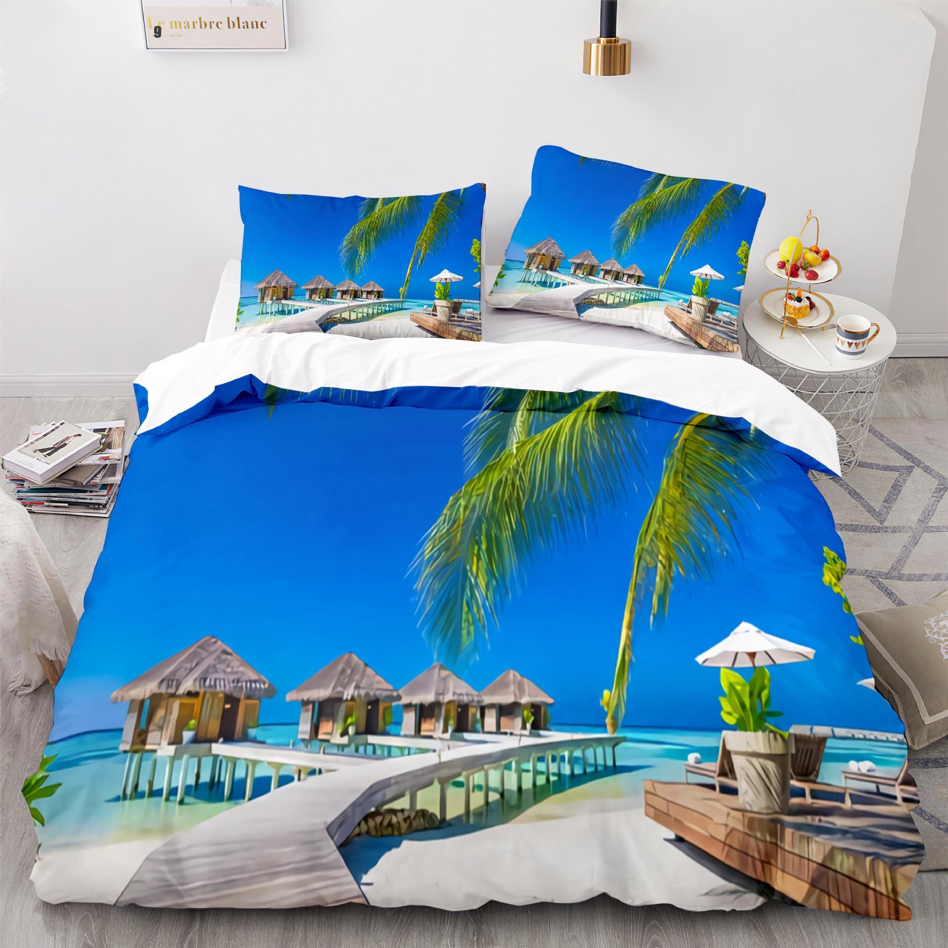 

Summer Beach Duvet Cover King Queen Ocean Bedding Set Hawaiian Palm Trees Marine Life Sea Waves Fish Polyester Comforter Cover 200x200cm 3pcs