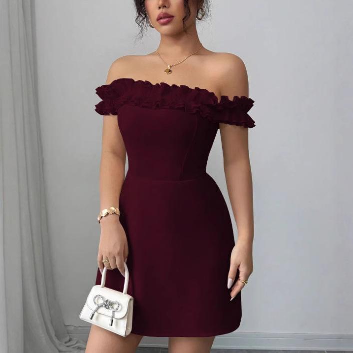 European and American retro pure desire sexy celebrity one-word collar temperament royal sister design sense hip-wrapped short dress