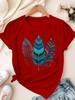 Women's Short-sleeved T-shirt with Colorful Feather Print, Bohemian Style, Comfortable.Summer Streetwear Graphic T Shirts Y2K