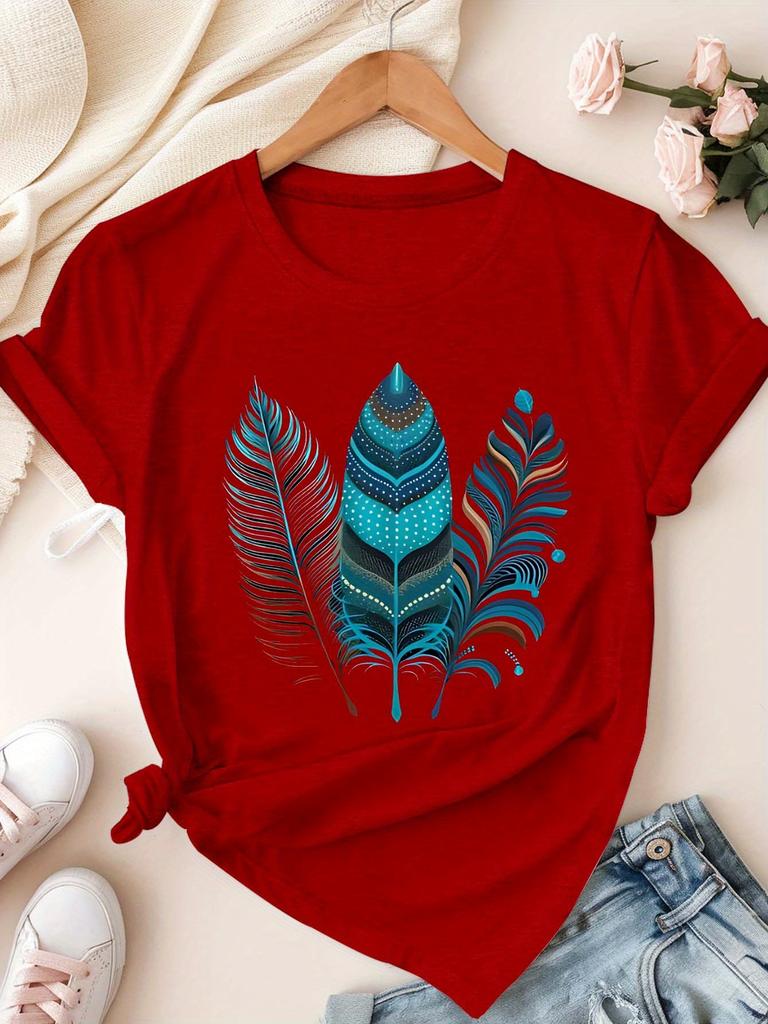 Women's Short-sleeved T-shirt with Colorful Feather Print, Bohemian Style, Comfortable.Summer Streetwear Graphic T Shirts Y2K