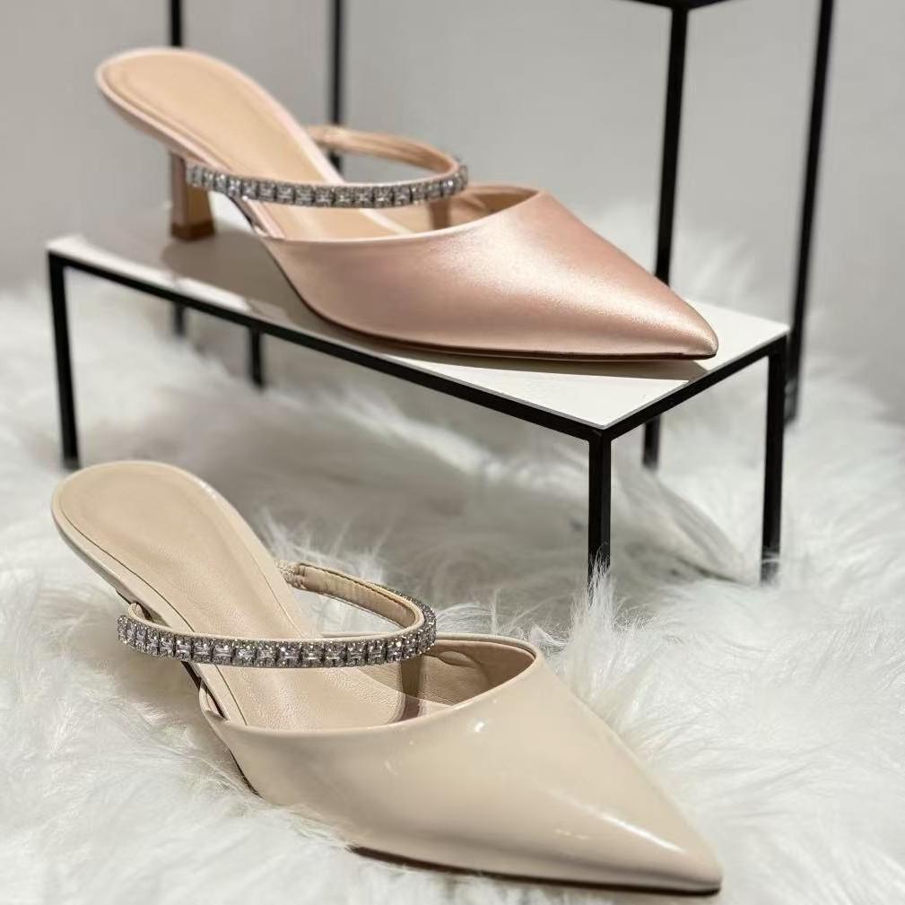 CHENGMAIZU25 Summer Rhinestone Pointed-Toe Stiletto Mules - Women's Closed-Toe Sandals