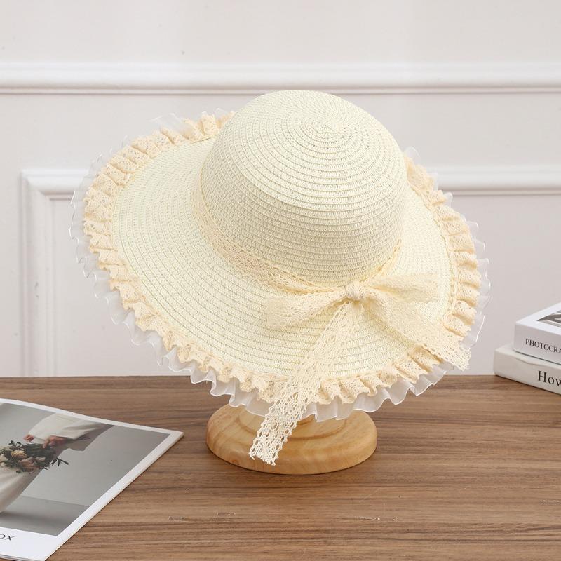 Summer Bow Sun Hat Female, Seaside Beach Vacation Sun Hat Outdoor Big Brim Sun Hat Sweet Straw Hat