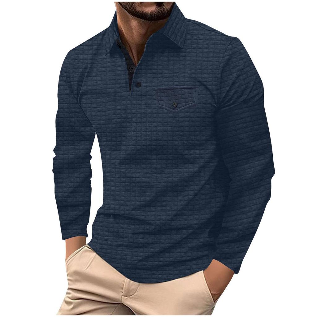 Camisa POLO de manga larga a cuadros para hombre con bolsillo abotonado - Estilo europeo y americano, perfecta para primavera y otoño.