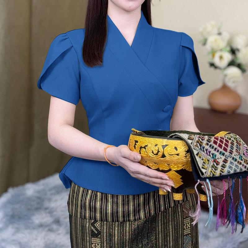 

ZANZEA Женская повседневная летняя блузка с коротким рукавом и V-образным вырезом S синий