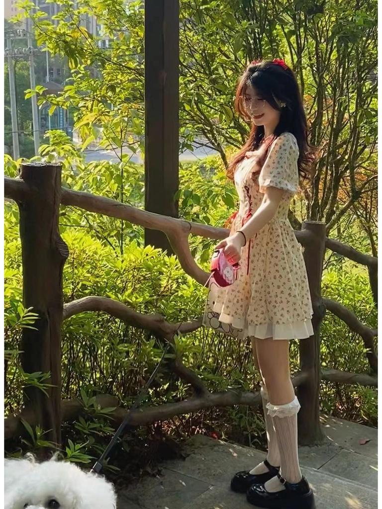 2026 Summer Floral Puff Sleeve Dress with Bow Tie & Lace Ruffle