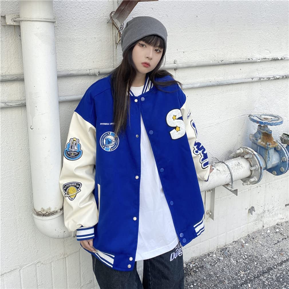 KOSIKINI Varsity Jacket for Men and Loose Cold Plus Size Women, Fit, Embroidered, Weather, Patchwork, Streetwear, (2XL, Blue)