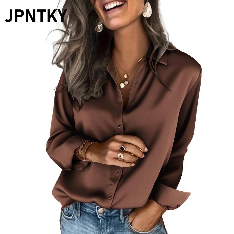JPNTKY Damenmode Lässige Langarm POLO-Kragen Blusen & Hemden