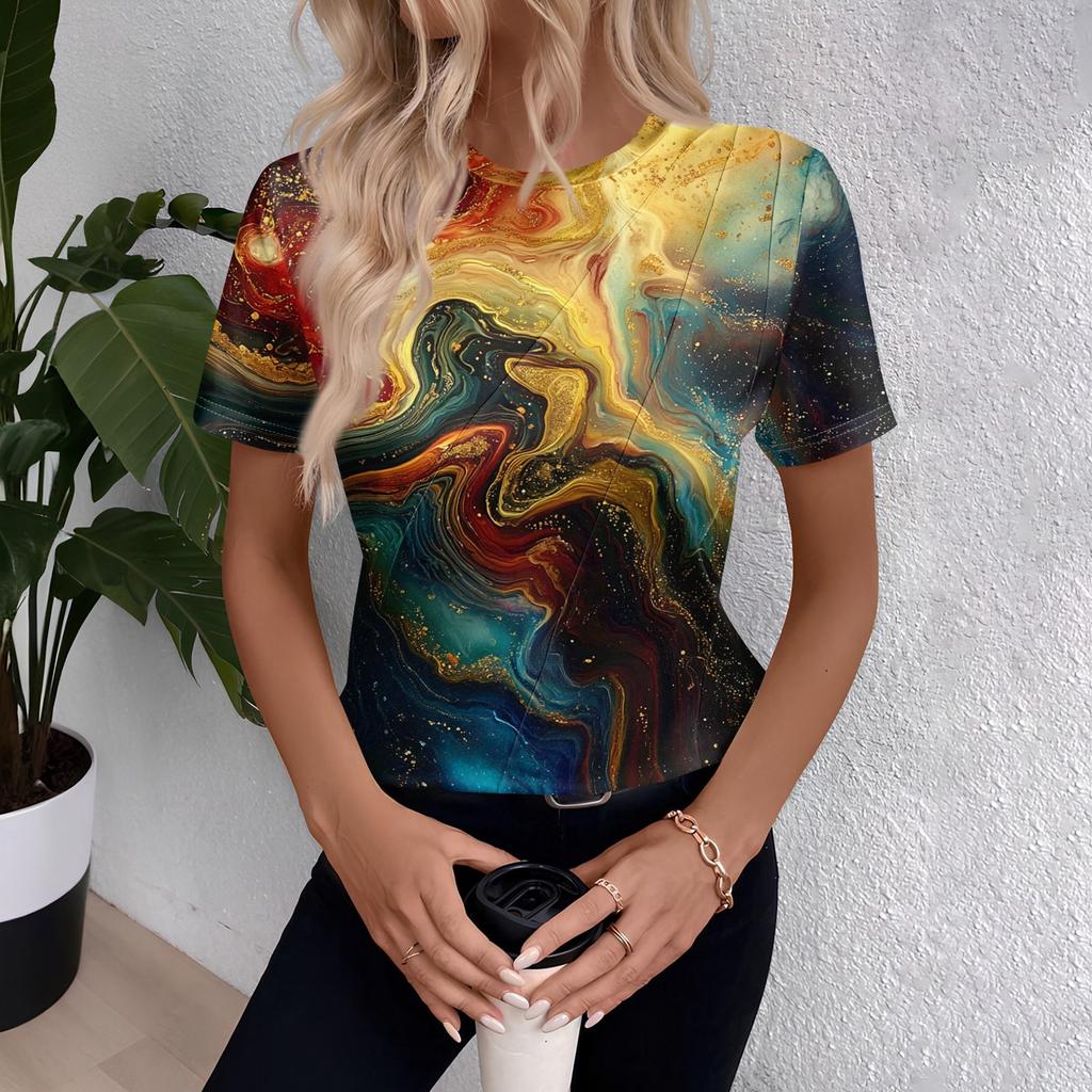 Women's Short Sleeve Tops Pleated  Neck Loose Fit T-Shirt