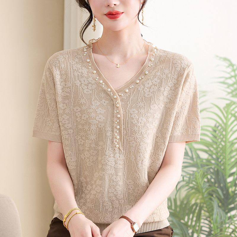 Loose Ice Silk Knitted T-shirt for Women Summer Design Stylish New Thin Style Short Sleeve Top