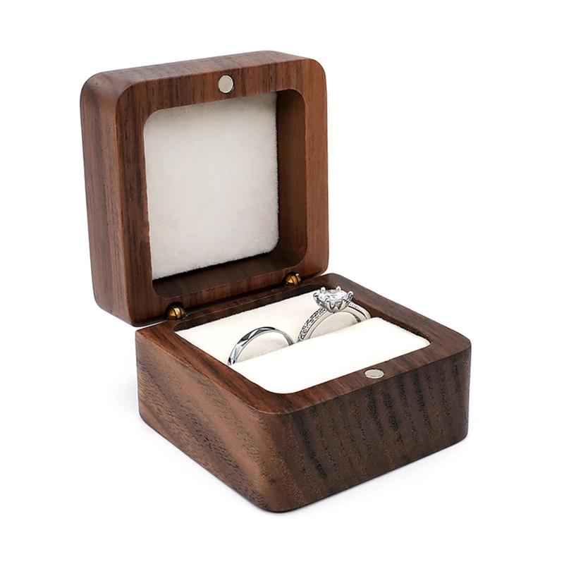 Multifunctional Small Jewelry Box Square Shape Organizer Mini Wooden Ring Box Soft Interior Holder for Proposal Wedding