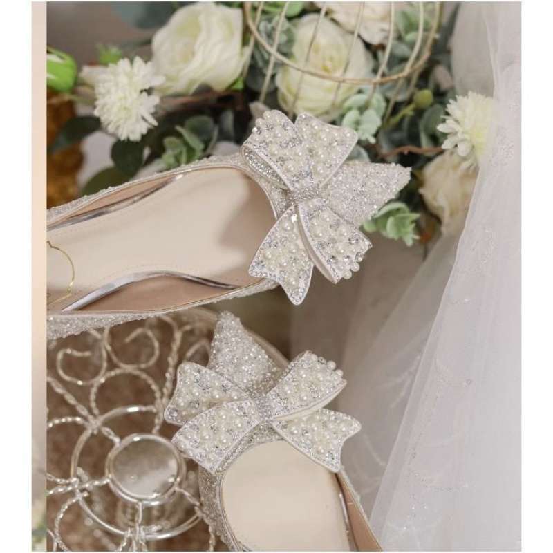 Silver-white Bridal Shoes Main Wedding Dress Xiuhe Crystal Shoes Bridal Wedding Shoes High Heels Women's French High Heels Bow
