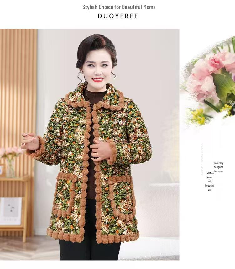 Winter Plus Velvet Floral Cotton Jacket for Middle-aged and Elderly Moms – Thick, Warm, Anti-cold Short Coat