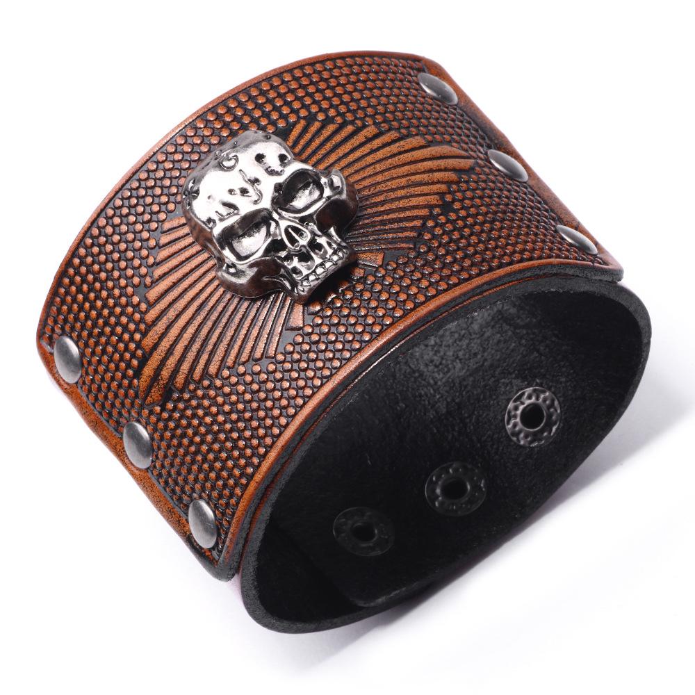 2024 Men's Cowhide Skull Bracelet: European & American Style, Wide Leather Design
