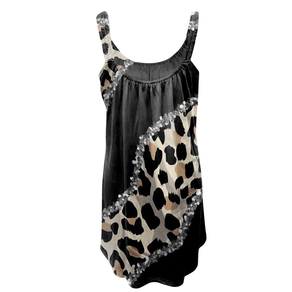 Women's Summer Leopard Spaghetti Strap  Dress Boho Casual Beach Dress Long Sleeve Party Ruffle A-Line  Dress
