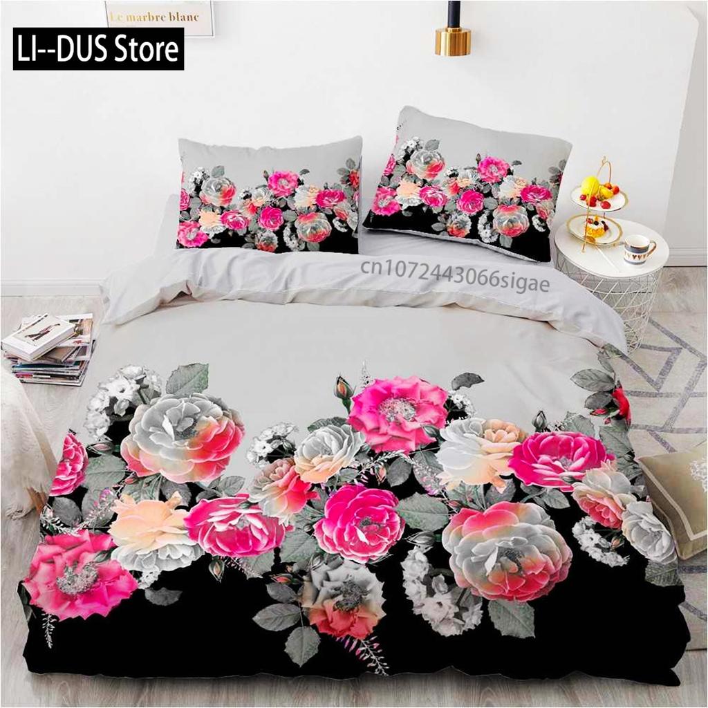 Flower Duvet Cover Set Microfiber Red Rose Bedding Set King Size Floral Print For Valentine's Day Mother's Day Soft Quilt Cover