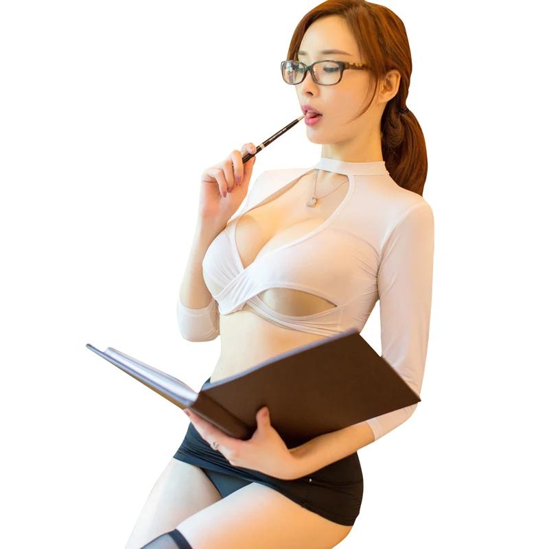 Porno Women'S Secretary Uniform Temptation Office Cosplay Sexy Lingerie Hot Erotic Plus Size Nightwear Top+ Skirt