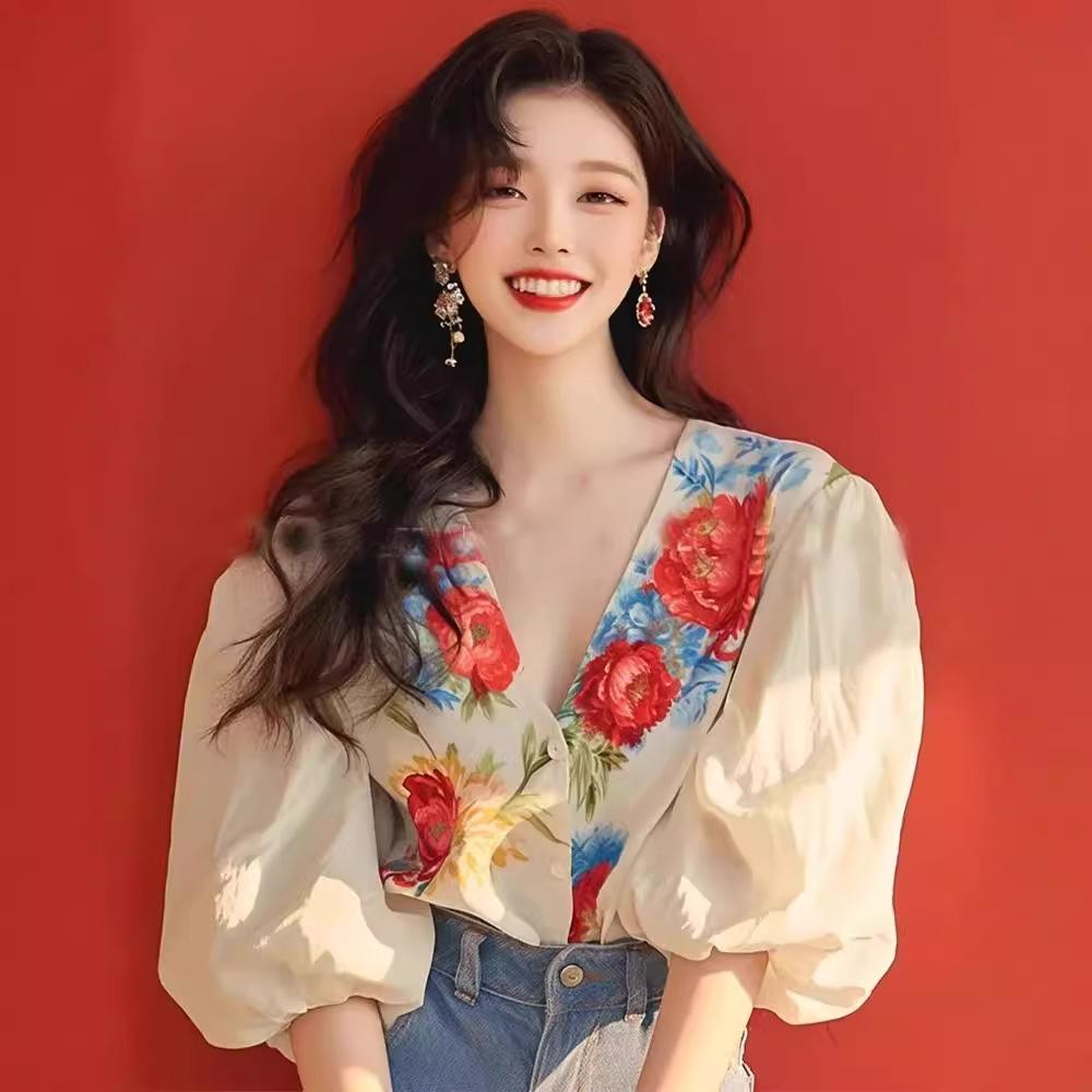 2024 Trendy Floral Puff Sleeve Blouse for Women - Stylish and Unique Summer Top