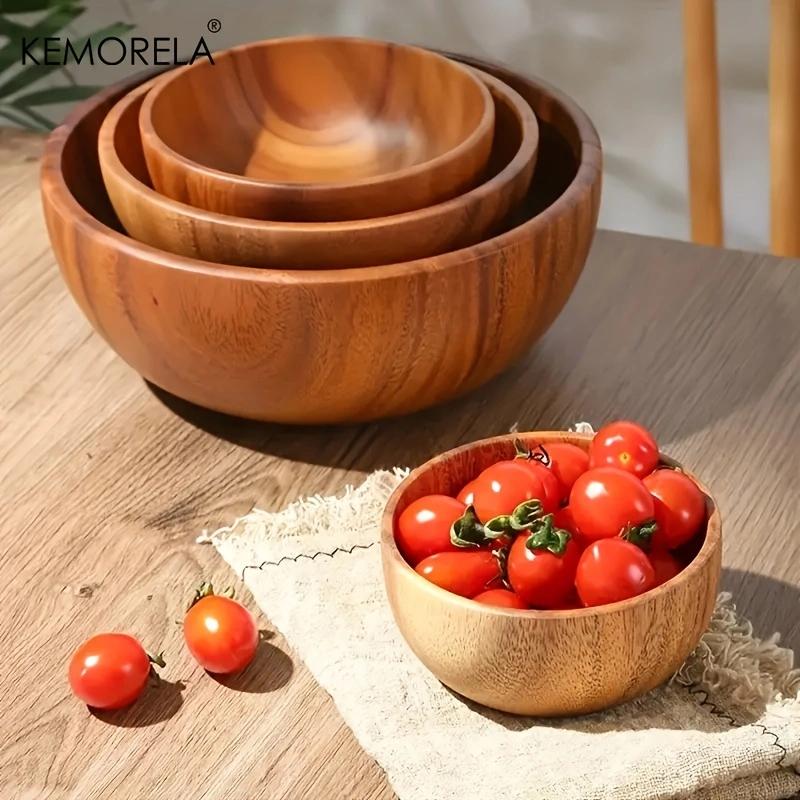 Cuenco de madera de Acacia para ensalada, cuenco de madera antiescaldado para niños, adecuado para decoración de helados de frutas y verduras, 1 Uds.