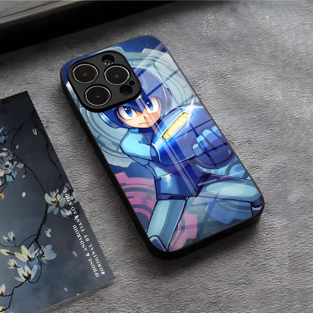 R-Rockman M-Megaman Cool Phone Case For IPhone 17 Air 16 E Pro Max 15 14 13 Mini 12 Pro 11 Max Plus Black Glass Cover