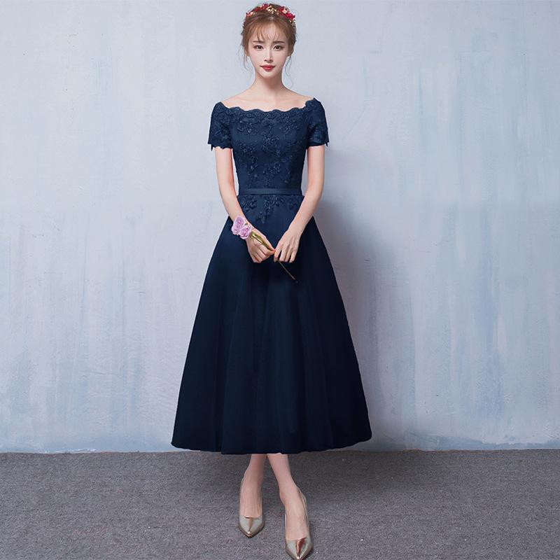 Evening dress new one-word shoulder certificate dress bridesmaid dress women's thin banquet bridesmaid group sisters dress