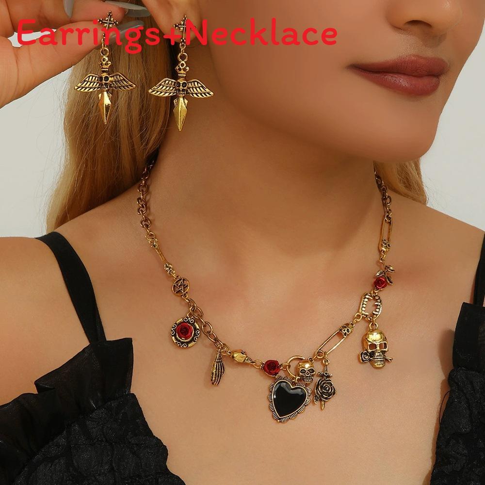 

Gothic Skeleton Necklace And Ear Jewelry Set With Antique Finish For Festive Occasions золотой