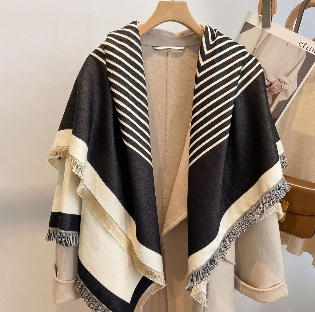 Double-Sided Imitation Cashmere Warm Striped Scarf Women'S Thickened Scarf Air Conditioner Shawl Outside