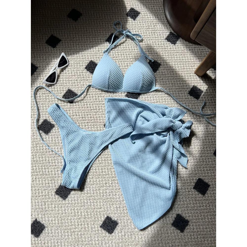 With Beach Sarong Bra Cup Wrinkled Bikini Female Swimsuit Women Swimwear Three-pieces Bikini Set Push Up Bathing Suit Swim Lady