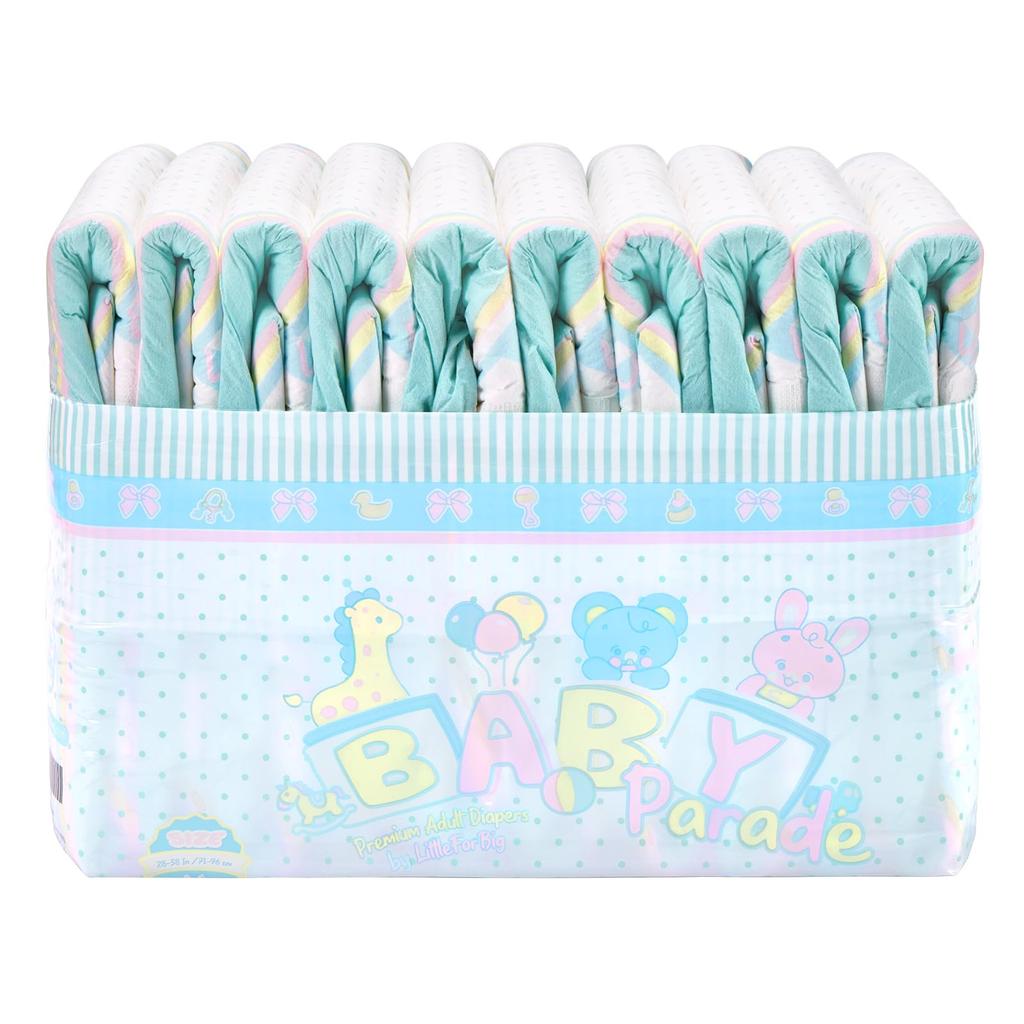 LittleForBig Adult Non-Woven Diapers 10-Pack Cute Design [Parading Baby] Color-Change Indicator Line Thick High Absorbency Velcro Total 10 Pieces M