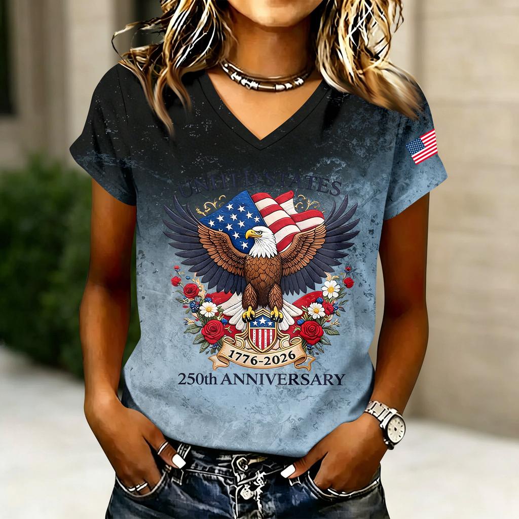 Women's Casual V Neck Short Sleeve T Shirt with Graphic Print United States Anniversary Eagle and Flag Design Lightweight Top