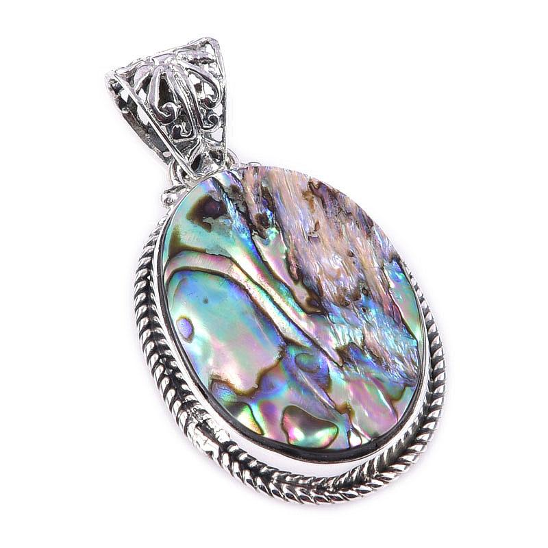 Natural Abalone Shell Gemstone 925 Solid Sterling Silver Gift Pendant 1.50" o3Y97