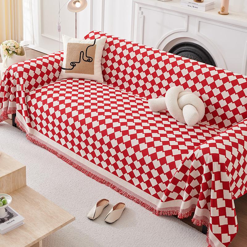High-Grade INS Style Geometric Plaid Sofa Towel Chenille Anti-Scratching Sofa Cover All-Inclusive Universal Cover Cloth Blanket