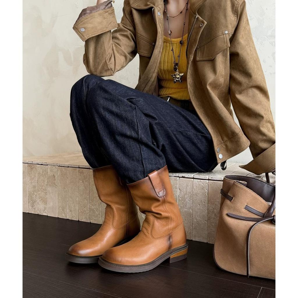 Martin boots women's trendy new retro tooling boots short boots niche western design polished round head denim autumn and winter
